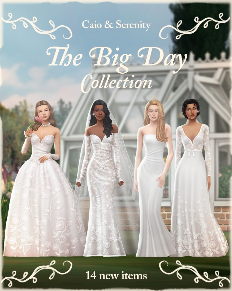Cover of "The Big Day Collection" a new collaboration between creators Serenity and Caio with 14 new items. There are 4 models posing with delicate, romantic lacey wedding gowns.