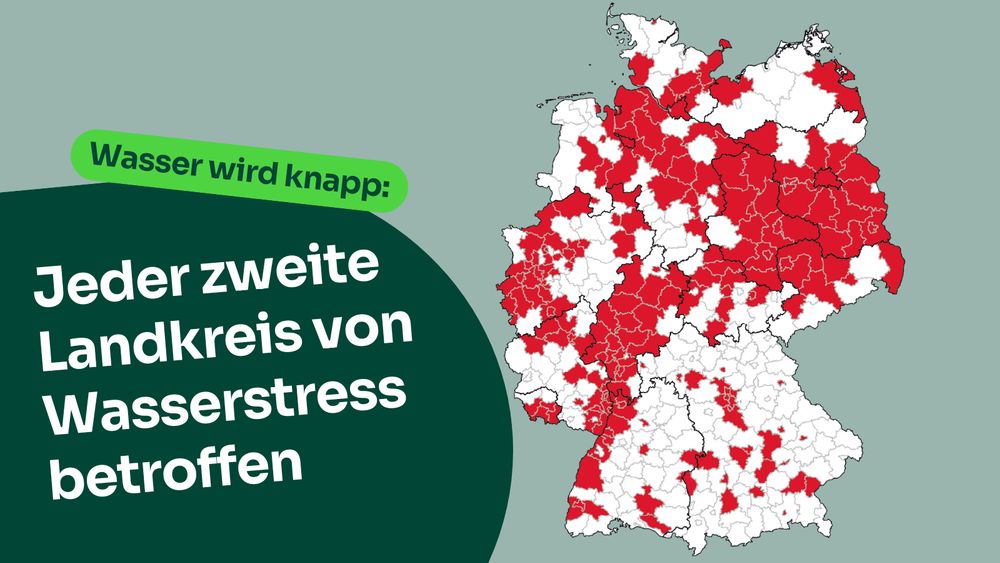 Eine Karte von Deutschland auf der 201 von 401 Landkreisen rot eingefärbt sind. Text: "Wasser wird knapp: Jeder zweite Landkreis von Wasserstress betroffen".
