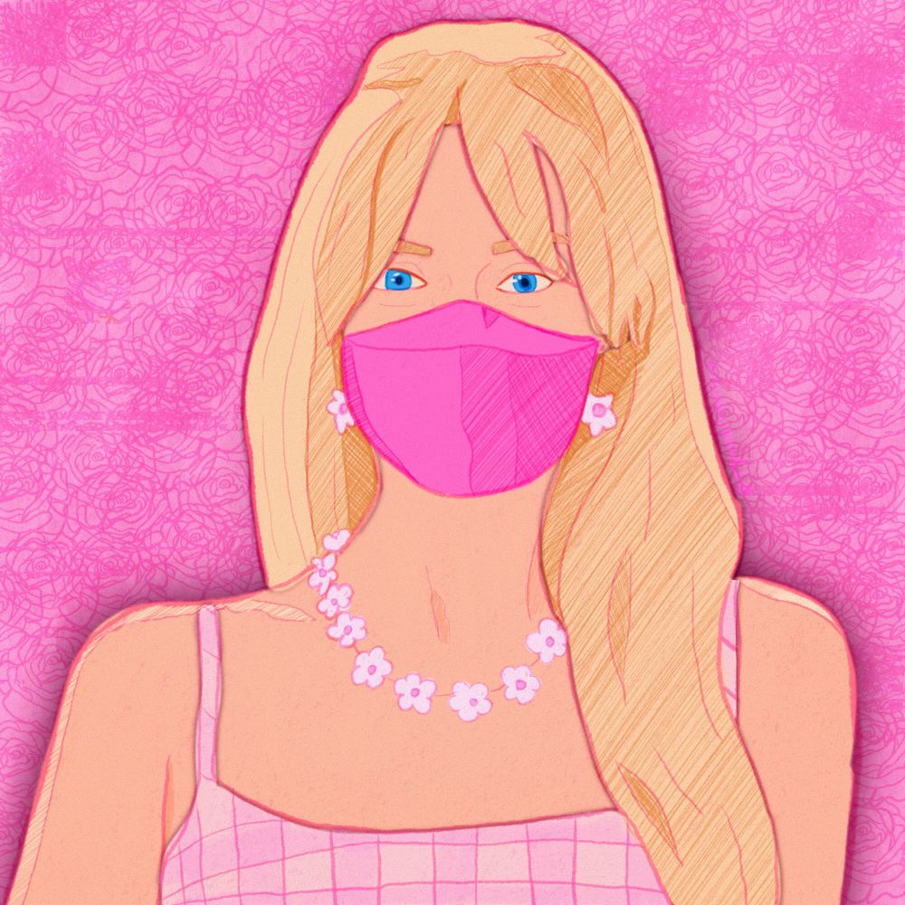 A digital drawing of Margo Robbie as Barbie, wearing a Barbie pink n95 on a textured pink background