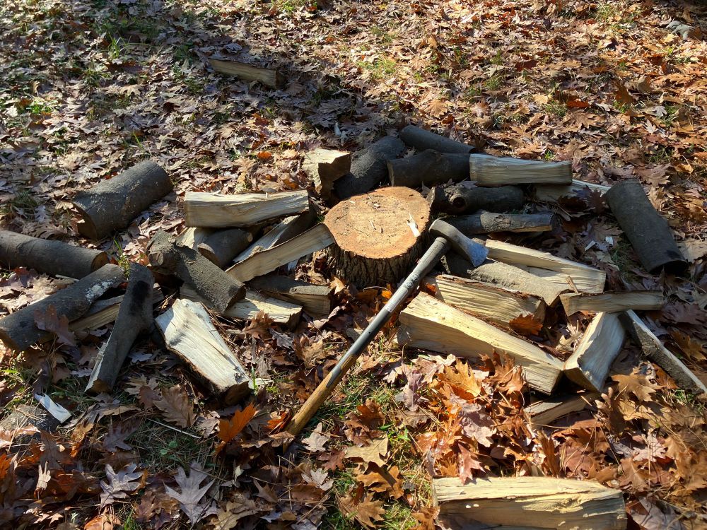 A scattered pile of freshly split logs, around an axe and chopping block stump.