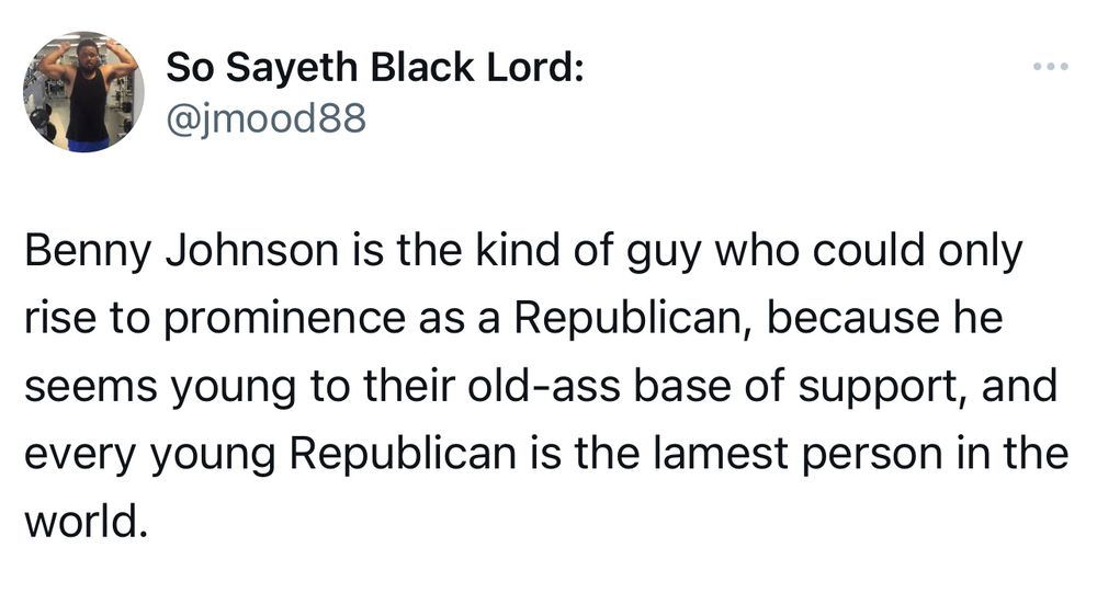 Benny Johnson is the kind of guy who could only rise to prominence as a Republican, because he seems young to their old-ass base of support, and every young Republican is the lamest person in the world.