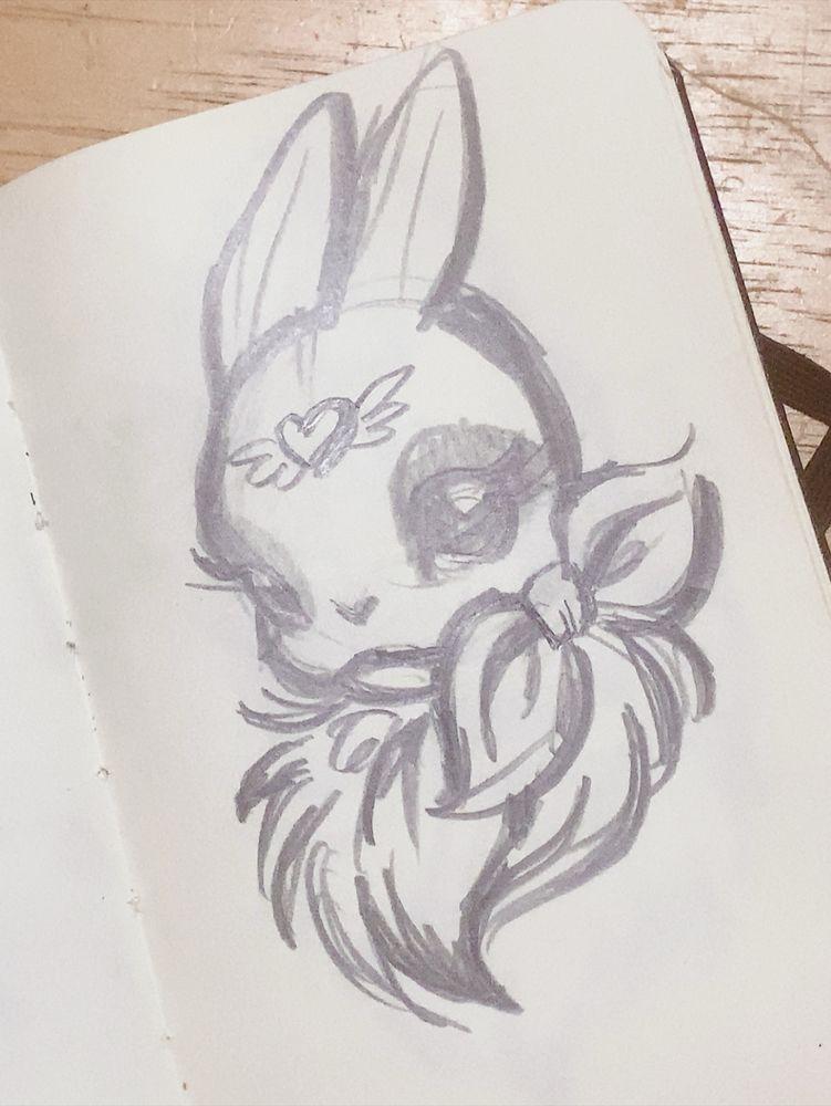Sketch of a rabbit, very illustrative style.she has a scarf tied artfully around her neck and a flying heart on her forehead.