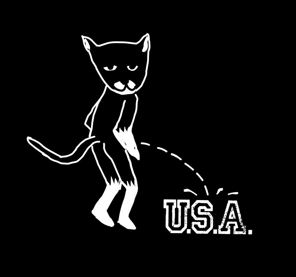 Desenho em fundo freto de gato antropomórfico preto com patinhas brancas minjando em cima das letras USA.
O gato está de costas e olha por cima do ombro com uma expressão relaxada 