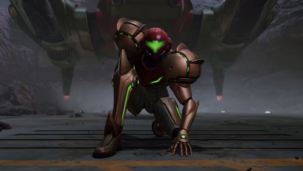 Samus Aran crouched down in Metroid Prime 4: Beyond. One foot is placed firmly on the ground while the other is kneeling, the arm of the same side propping her up.