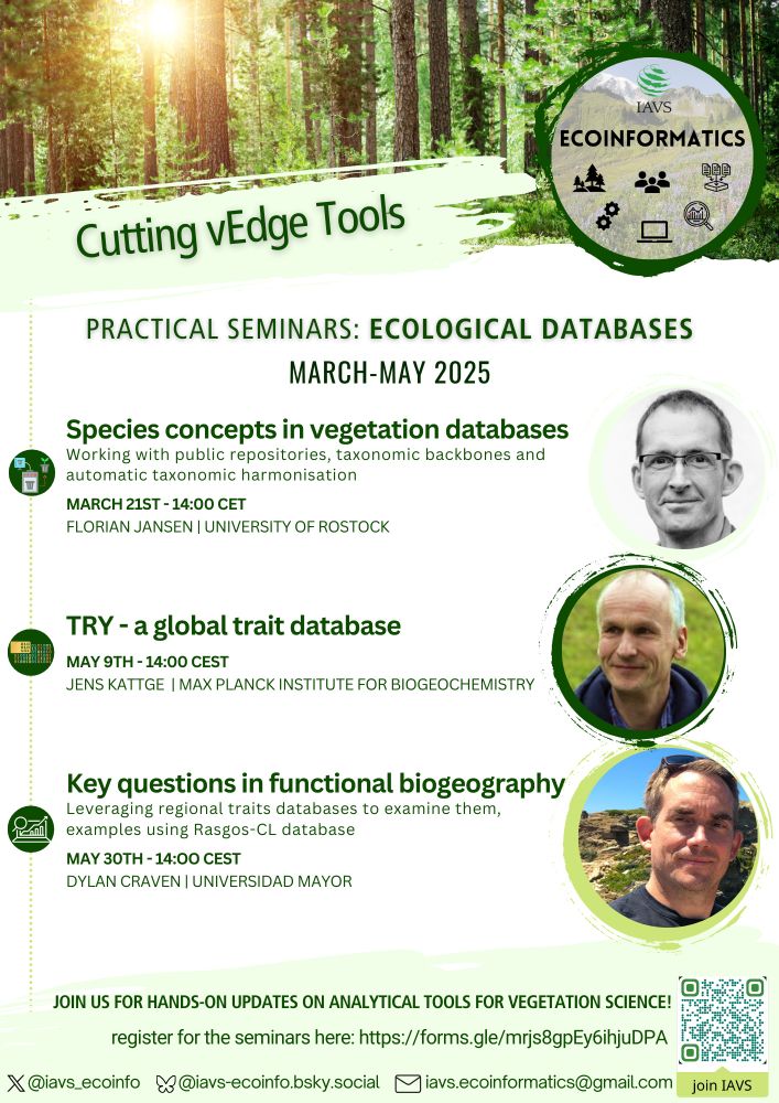 A flyer with the next webinars: species concepts in vegetation databases March 21st 14 CET. TRY - a global trait database May 9th 14 CET. Key questions in functional biogeography May 30th 14 CET.