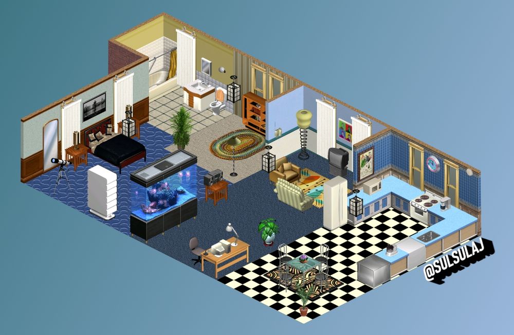 A screenshot showing The Sims (1) game, showing a house in a ‘dollhouse’ style on a dark blue to light blue gradient background. On the right side of the house is the kitchen which has a black and white checkerboard tiled floor and a dark blue tile and wood panelled half-and-half wall. In the kitchen there are white counters with blue cupboard doors and blue countertops. There is a painting and clock on the wall. The kitchen has various appliances. At the front of the kitchen is a dining area with a glass square table with black metal chairs. Underneath the table is an abstract rug. There is a small fern plant in the corner. Left of the kitchen is the living room. It has a dark blue carpet and light blue and white half-and-half walls. At the back of the living room is a yellow and black metal lamp and a black CRT TV with a pop art style painting above. In front of the TV is an abstract style rug with a stripy cream sofa and beige armchair. At the back of the living room is a large fish tank, a small wooden table with a stereo, a light wooden desk that has a PC on it with grey desk chair and a leafy plant. Left of the living room is a small hallway with grey carpets and a brown and cream striped wall. It has a semi-circular rope rug. The hallway has a lamp, leafy plant and light wooden bookcase. To the left of the hallway is the bathroom. It has a white tiled floor and yellow and white tiled half-and-half walls. In the bathroom is a shower and bath combo with a yellow shower curtain, a sink with a brown accent, a small mirror and a toilet with a wooden toilet seat. In front of the hallway is the bedroom which has a blue swirly patterned carpet and a light green and wooden panelled half-and-half wall. In the bedroom there is a wooden bed with a black bed cover. Either side of the bed are two wooden bedside tables with a circular lamp on them. Above the bed is a black and white painting. At the front of the room is a white tall curvy dresser and a telescope.