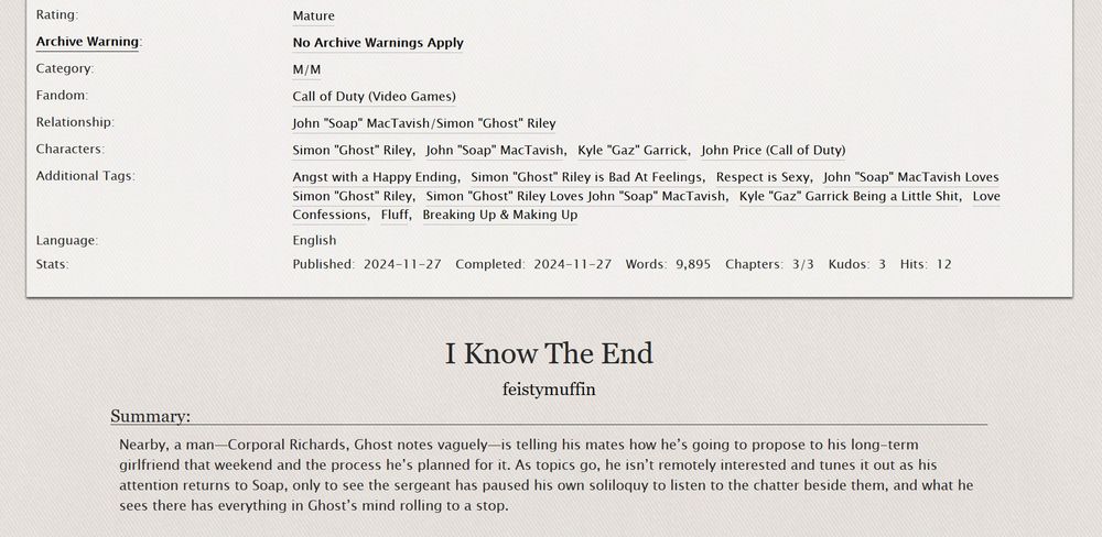 A screenshot of a fanfic titled I Know The End, for the Call of Duty fandom and the pairing SoapGhost