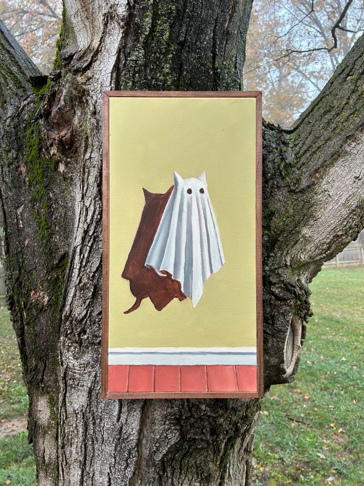 A sheet ghost cat. It’s an oil painting with a custom built frame. 