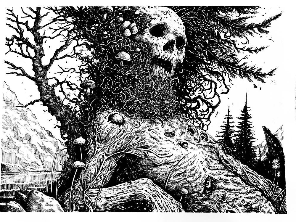 A skeletal figure among foliage; an ink art piece 
