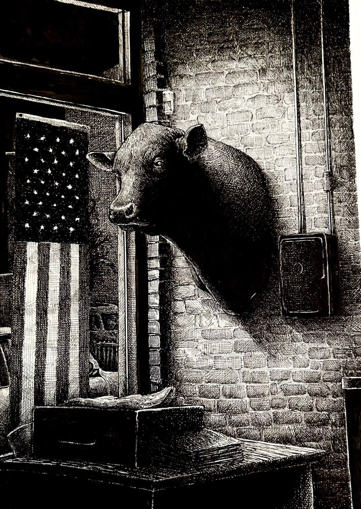 A night scene of a corner of a restaurant with a cow’s head hung and illuminated by a spotlight. An American flag is hung in the window and there are cars seen outside. This is an artist’s drawing rendered in ink.