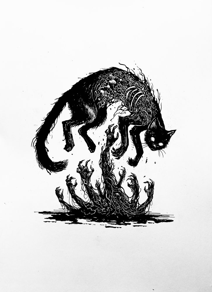 Ink drawing of a black cat jumping over a mass of hands. 