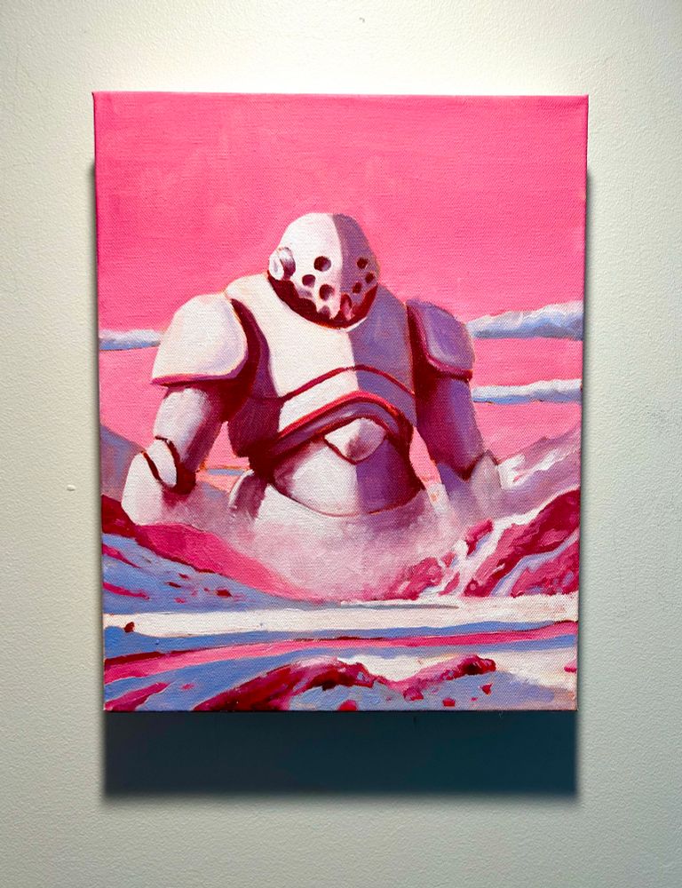 A massive robot among snowy mountains. A mostly pink oil painting.