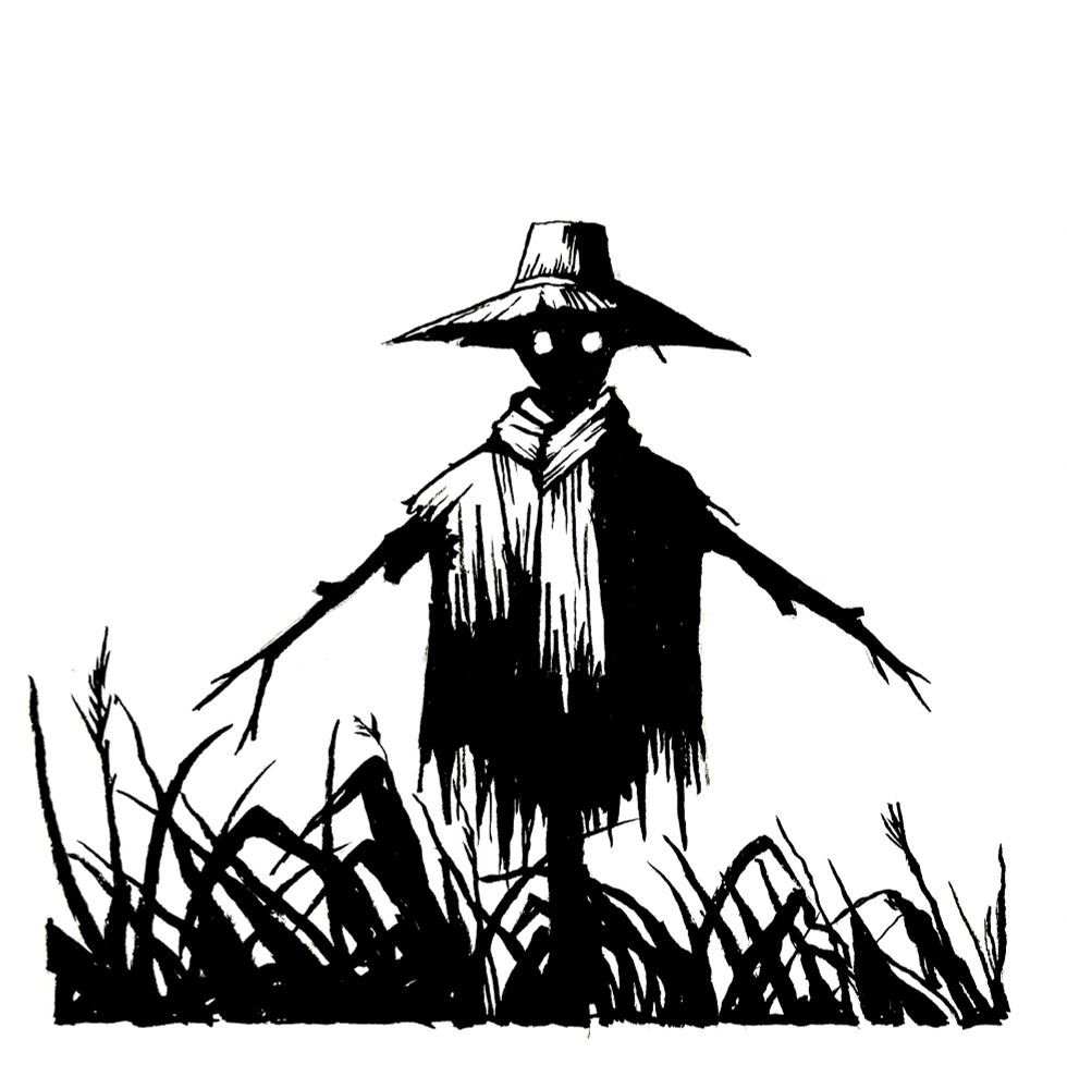 An ink drawing of a scarecrow 