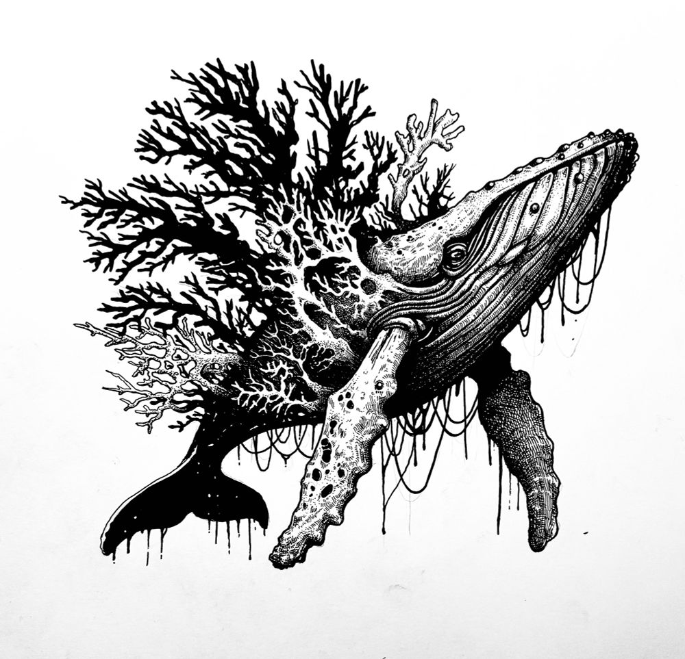 A fantasy inspired humpback whale adorned with coral