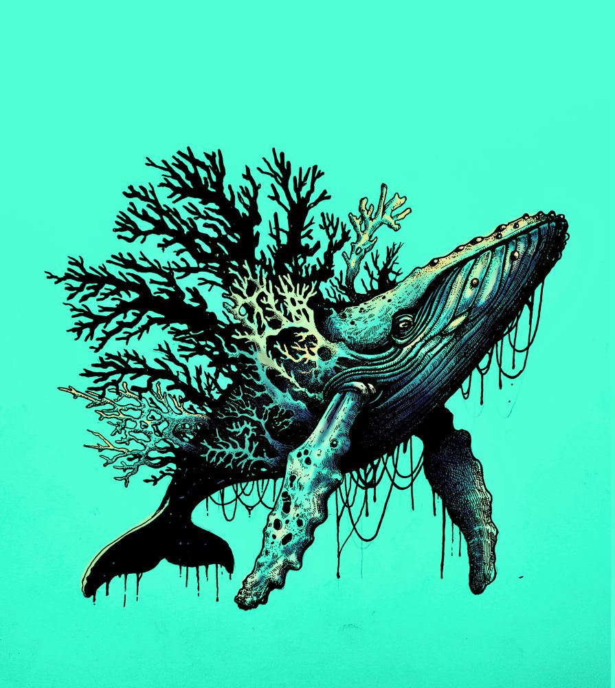 A whale covered in coral. The whale seems ancient and mythical. It’s an ink drawing with digital art colorization.
