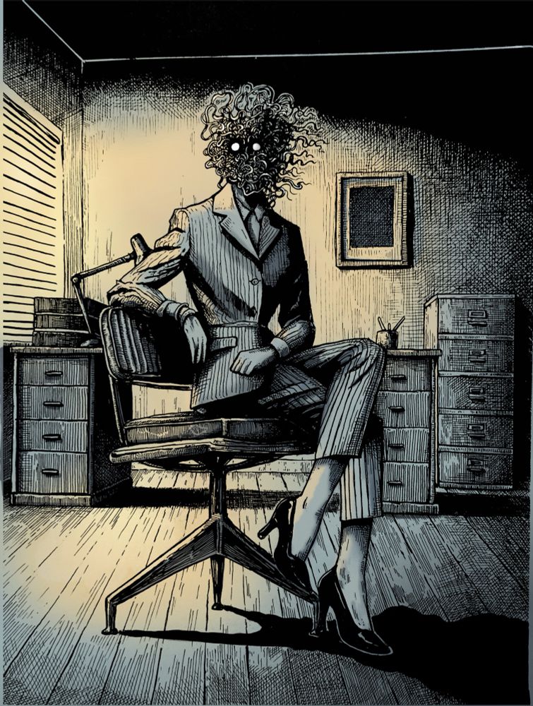 A woman in a dark office with a mass of black tentacles for a face 