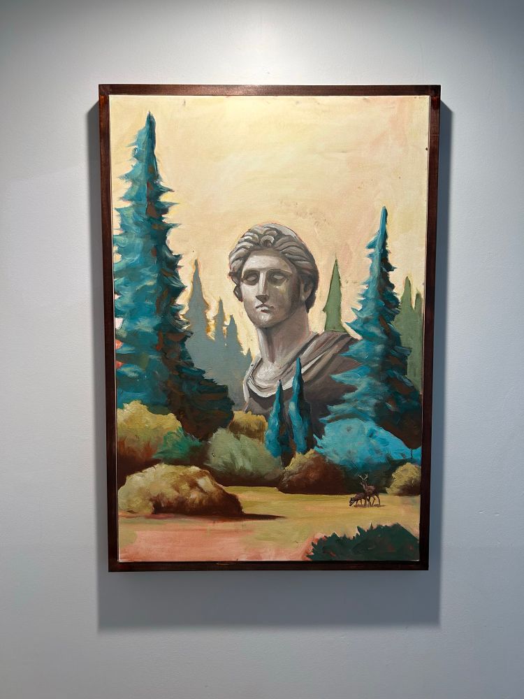Oil painting, a large monument overlooking a wood scene #art #painting 