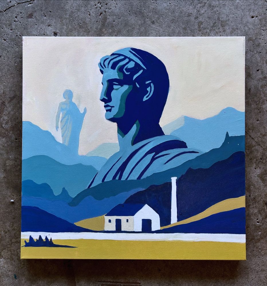 Oil painting, a large monument overlooking a mountain scape #art #painting 