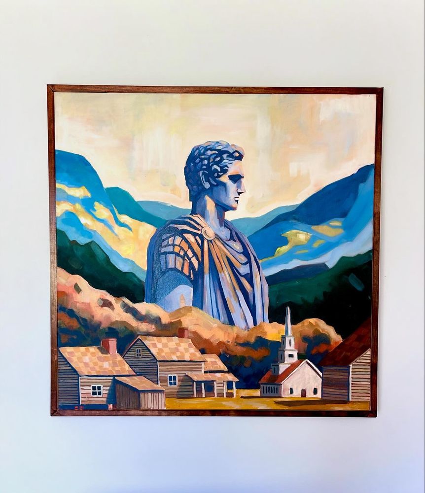 Oil painting, a large monument overlooking a mountain scape #art #painting 