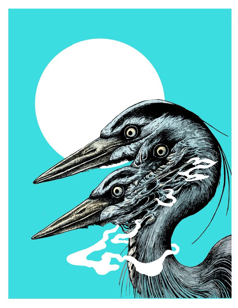 Three headed heron on blue background 