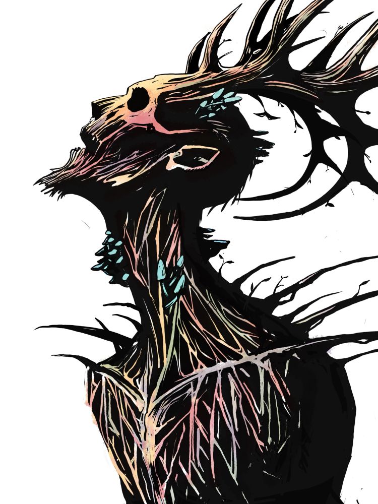 A drawing of a skeletal figure with colorful shading and horns 