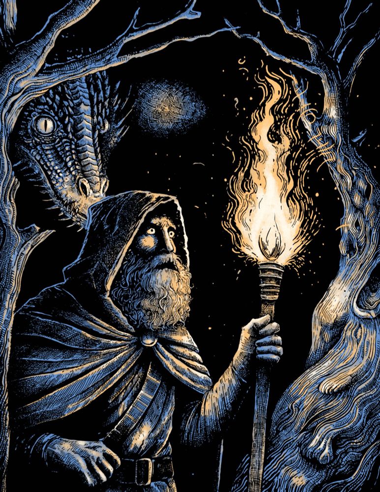 A dragon following a wizard in a dark forest 