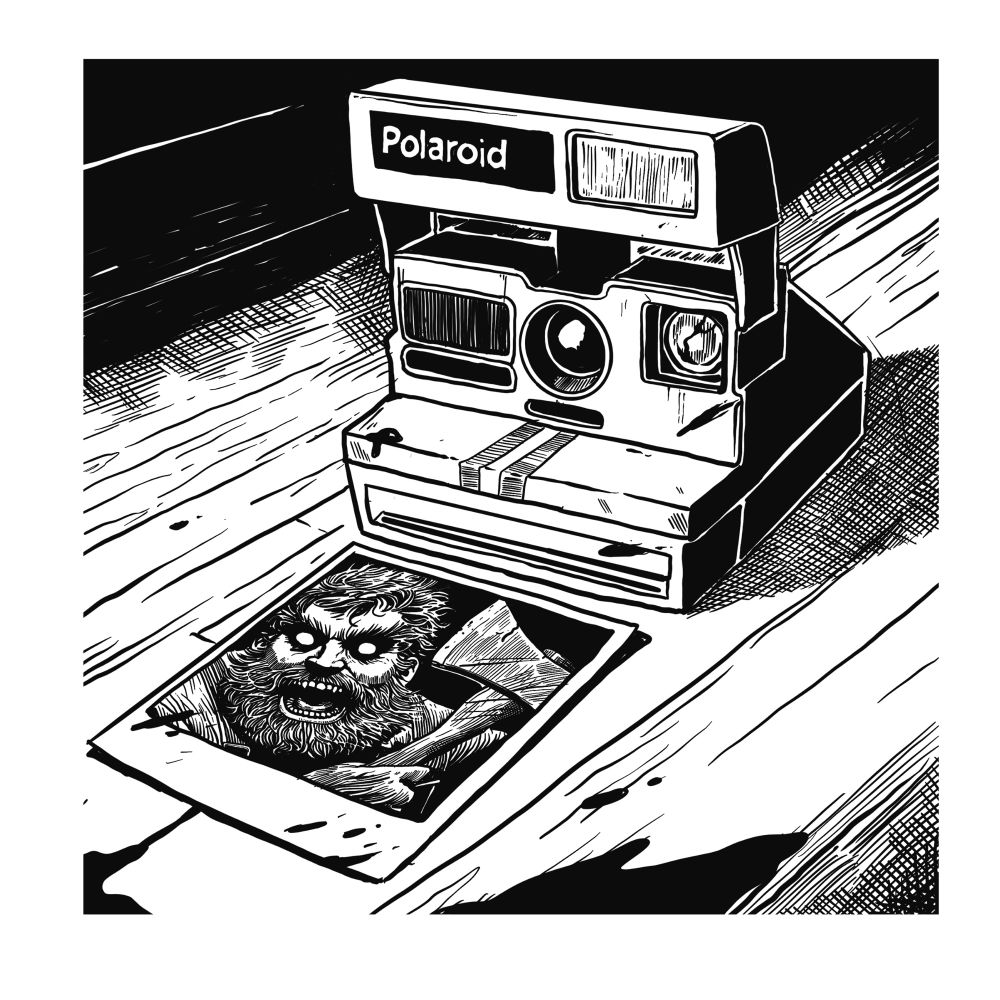An ink drawing of a bloodied Polaroid camera with a crazed axe murderer in the image, insinuating he attacked the photographer 