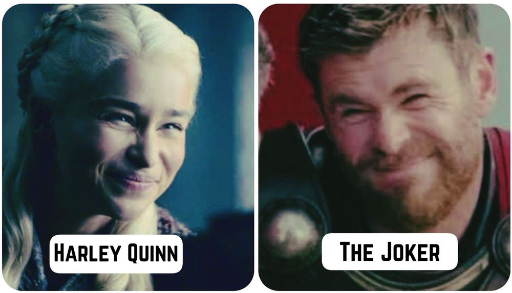 Harley Quinn and the Joker having a staring contest 