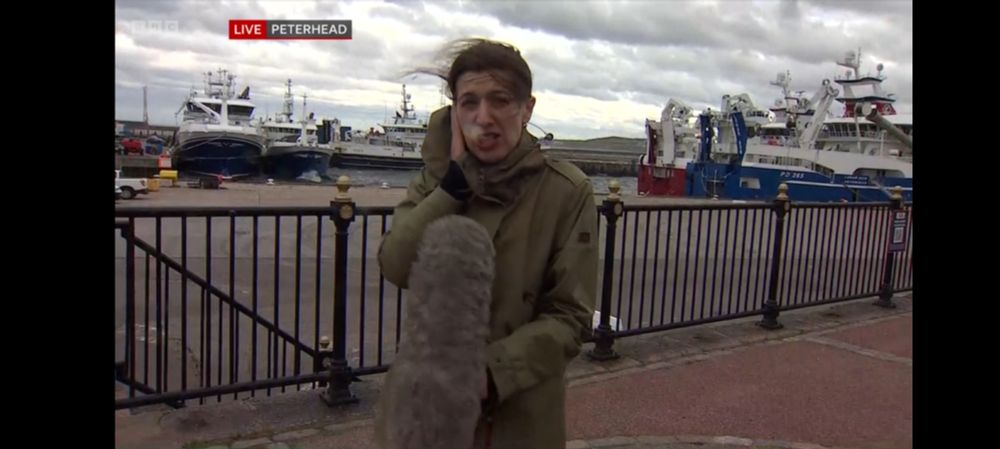 A BBC weather reporter standing in high winds and clearly struggling to deliver her report.
