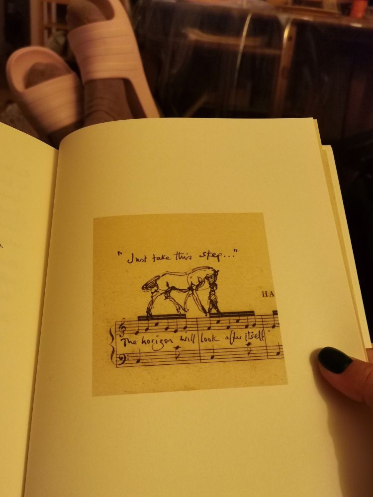 Pictured : a page from Charlie Mackesy's "The boy, the mole, the fox and the horse"

The horse and the child are drawn walking on sheet music

The title reads "Just take this step..." and the music's lyrics "The horizon will look after itself" 