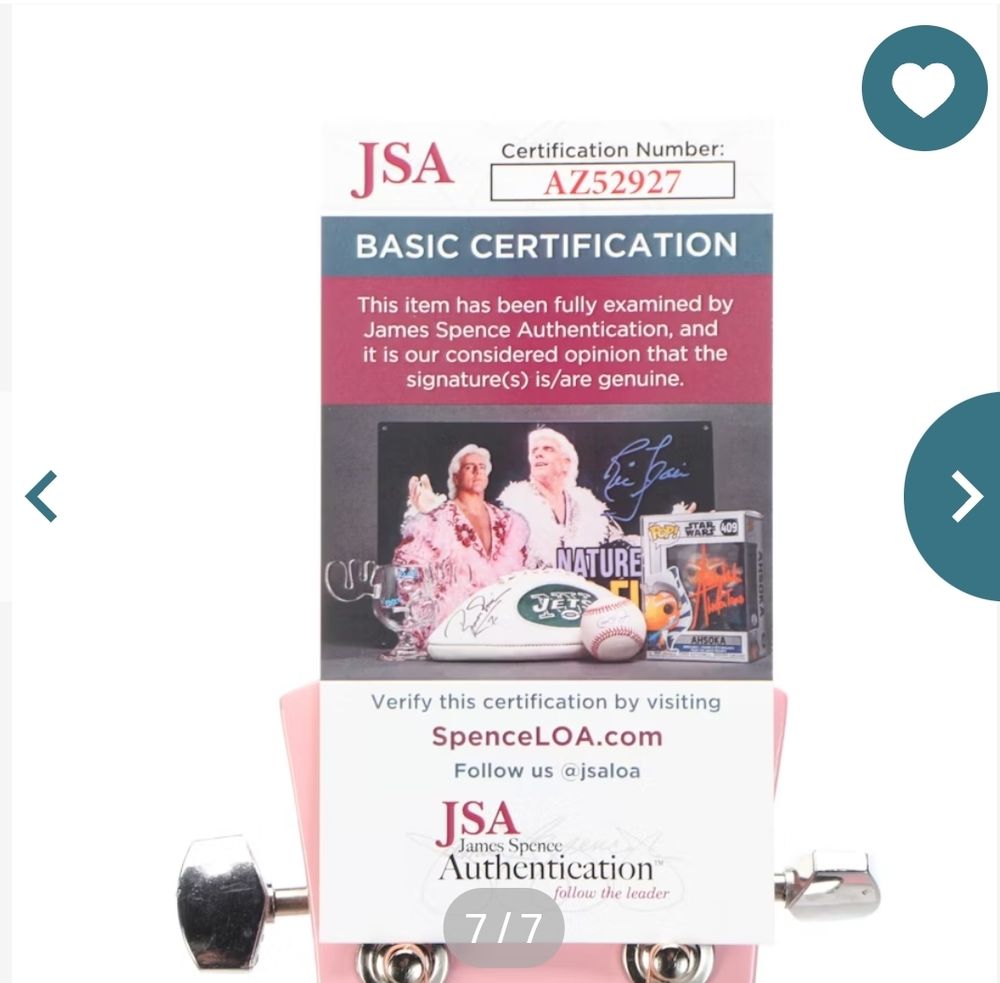 image of a james spence authentication (jsa) certification note confirming that the signature on the guitar is real