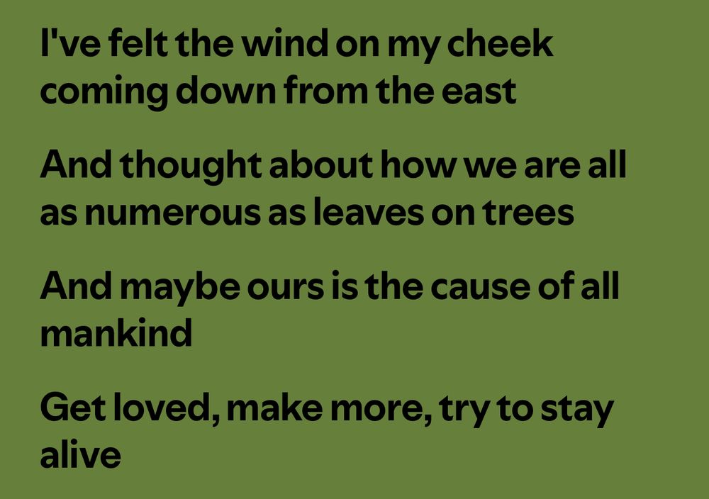 Lyrics of More Adventurous: 
I’ve felt the wind on my cheek coming down from the east
And thought about how we are all as numerous as leaves on trees
And maybe ours is the cause of all mankind
Get loved, make more, try to stay alive