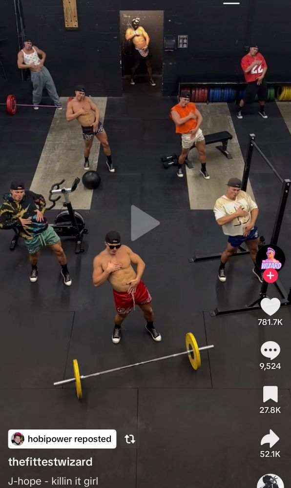 Screenshot of a TikTok of a bunch of very buff muscle dudes doing the killin it girl dance challenge. Hobi reposted it.