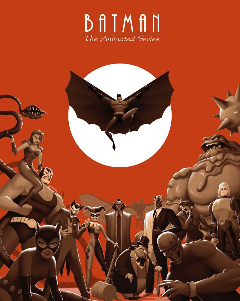 Poster for Batman the animated series. Batman jumps in front of the moon, while a host of villains wait menacingly below. 