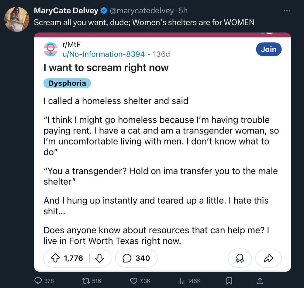 Talentless failed pornstar, MaryCate Delvey is happy that a trans woman is being denied shelter. What a piece of subhuman shit.