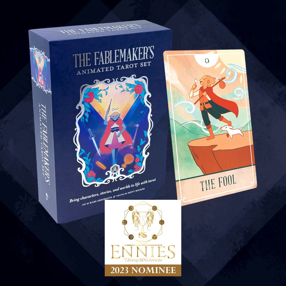 The box set for the Fablemaker’s Animated Tarot and the card 0. The Fool with a graphic showing that they are nominated for an ENNIE award in 2023. The art is by Kami Areopagita. 