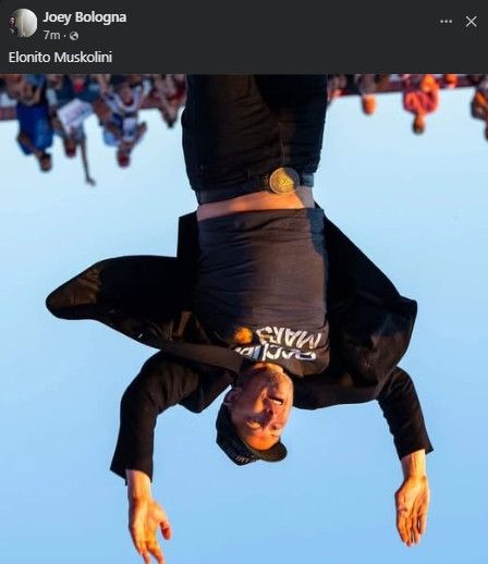 Photo of Musk jumping with his arms in the air, but turned upside-down.