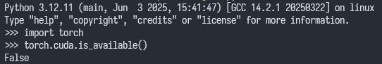 Python REPL showing that PyTorch doesn't have CUDA available