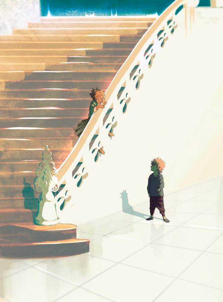 illustration of two young boys talking. the brown haired boy is standing on the staircase smiling at the other boy.