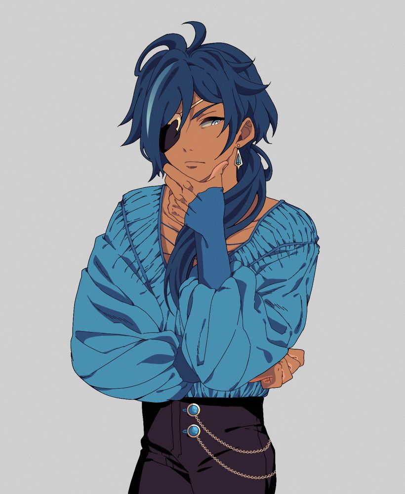 waist up illustration of kaeya from genshin impact with one of his arms crossed and the orher raised up to cup his own face, deep in thought. 