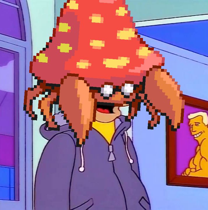 Homer Simpson inside the all-night gym, smiling as he recognises it's a guy-m, excpet his head is Wide Load.