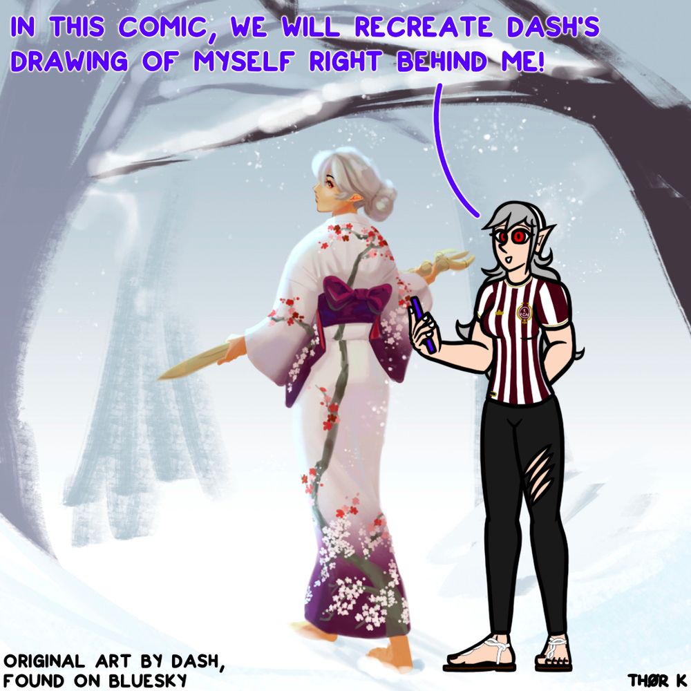 A drawing of female Corrin from Fire Emblem Fates, smiling at the viewer and holding a phone. Behind her is an artwork of @missdash.bsky.social in which the same character wears a white-purple kimono walking in the snow. My Corrin tells the viewer: „In this comic, we will recreate Dash‘s drawing of myself right behind me!“