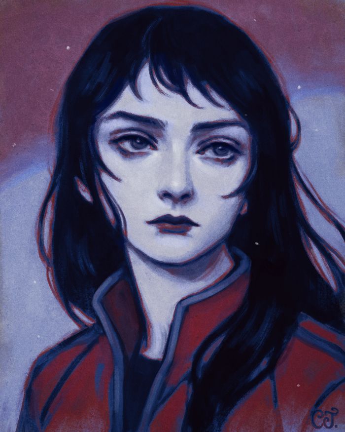 Digital portrait of a young woman with long dark hair, looking away as if lost in thoughts, in tones of red and blue.