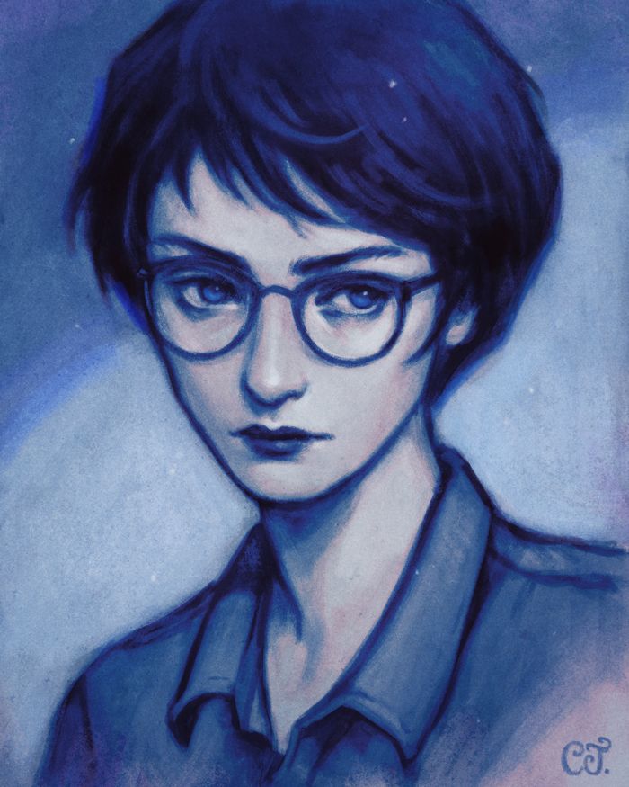 Digital portrait of a woman with short hair and glasses, in tones of blue. She looks away with a pensive expression.