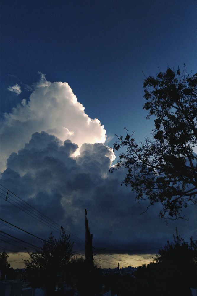 A photo of the sky during evening, showing a deep blue sky with two layers of fluffy clouds, darker in the front, and a larger mount of white cloud on the back. The horizon is a pale yellow and there are dark trees and powerlines silhouettes in the foreground.