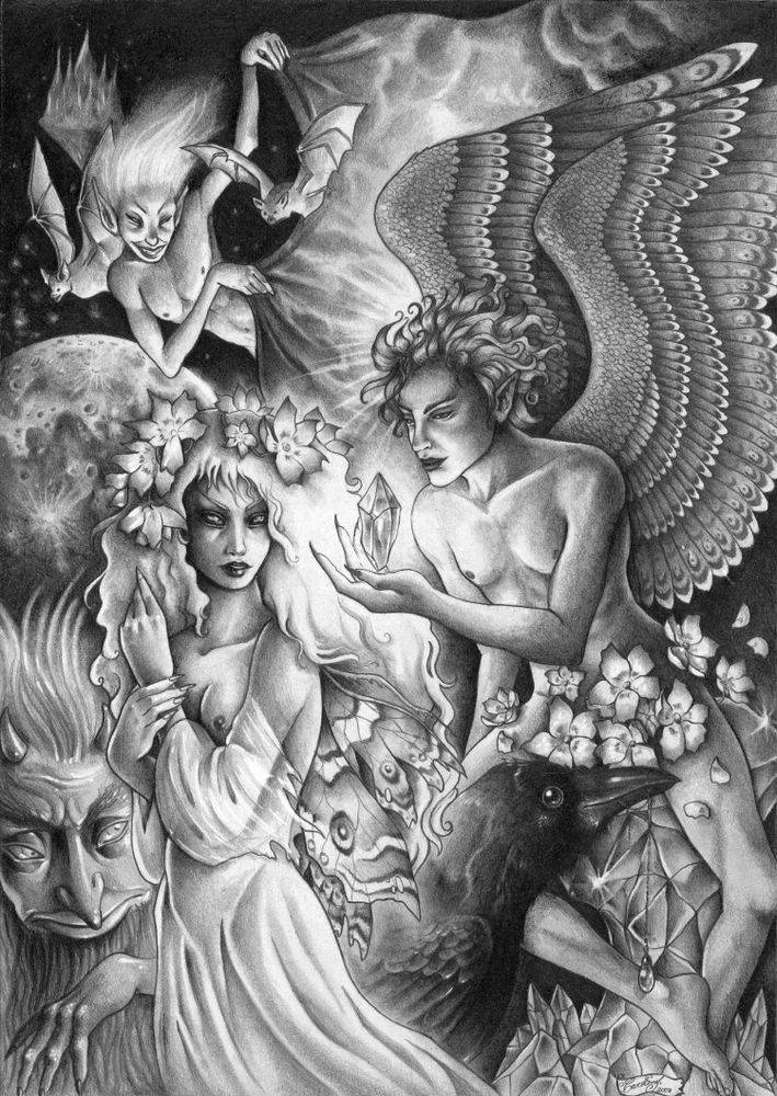 A detailed pencil drawing depicting a fairy with big hair, decorated with flowers, looking suspiciously, or surprised, to an angel who seems to be showing or offering her a crystal that floats on his hand, while sitting on a crystal formation; a goblin-like being can be seen on the background on the left corner; a big black crow appears also from behind the fairy on the other side, holding a delicate pendant on its beak; a flying mischievous-looking elf, accompanied by two bats, holds a cloak that is actually made of clouds, covering a dark, starry sky, on which you can also see a floating mountain, and a big moon.