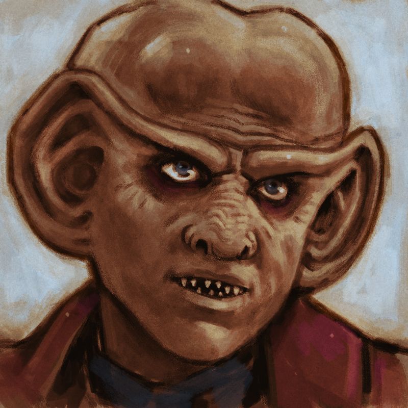 Digital painting of Quark, a Ferengi character from Star Trek Deep Space 9. He is an alien with enormous ears that extend from his eyebrows, a wrinkled nose and forehead, and little sharp teeth.