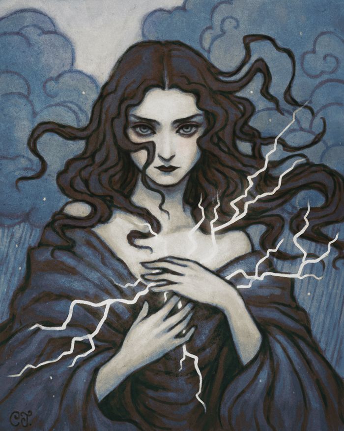 Digital artwork depicting a woman with dark hair flowing wildly in the wind, against a sky with swirly stormy clouds. She has a direct gaze and intense expression, and she wears a draped garment. Her hands rest on her chest, from where lightning bolts radiate. The palette is in tones of blue, dark brown, and warm grey.