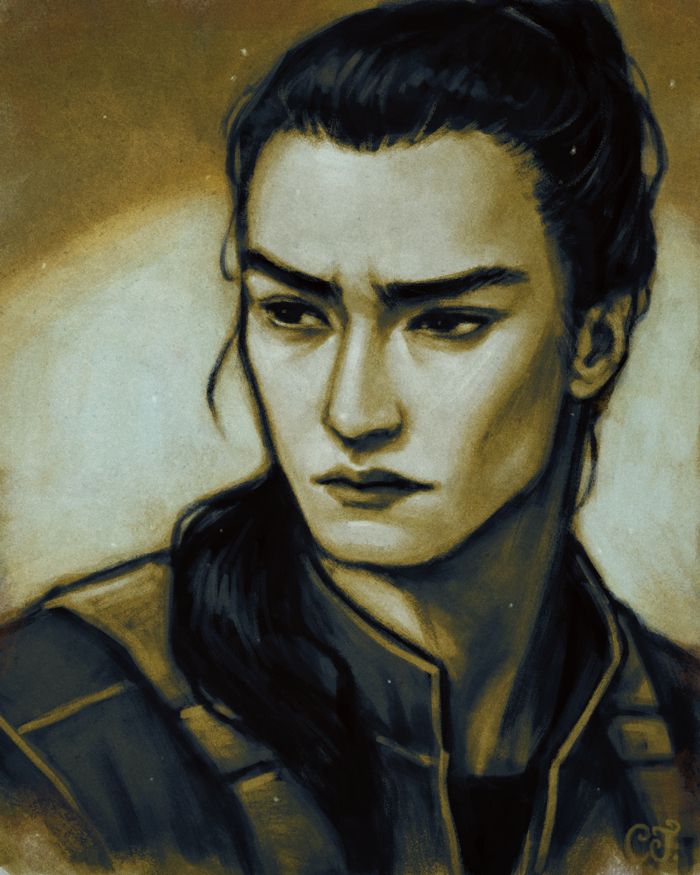 Digital portrait of a man with asian features, long black hair in a pony tail, looking to the side, in tones of mustard and dark blue.