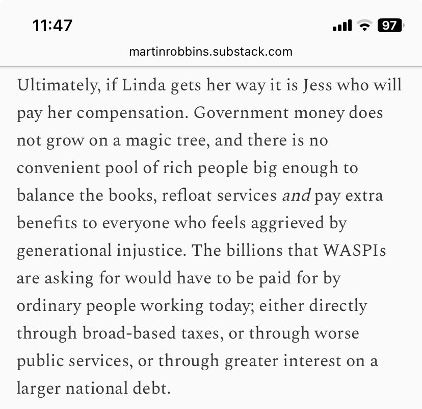 Quote about the absence of enough rich people to fund compensation to WASPIs.